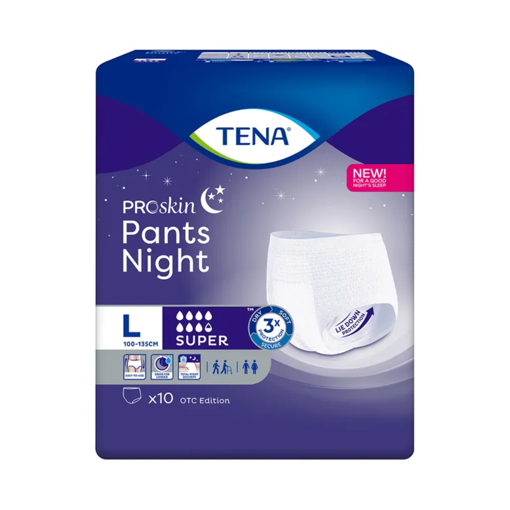Billedet viser emballagen til TENA ProSkin Pants Night Super inkontinensbukser fra TENA – Essity Germany GmbH. Dette engangsundertøj er designet til inkontinensbehov og tilbyder et stort udvalg af størrelser fra 100-135 cm. Det tilbyder super absorberingsevne og nattesikring med hudvenlige egenskaber. Pakken indeholder 10 bukser, perfekt til behandling af blæresvaghed.