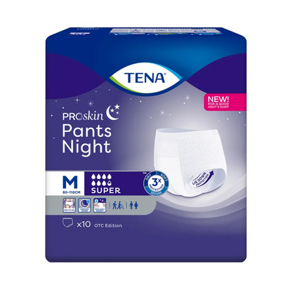 Billedet viser en pakke TENA ProSkin Pants Night Super inkontinensbukser fra TENA – Essity Germany GmbH, som er perfekt til behandling af natlig blæresvaghed. Designet i lilla og blå med hvid kant fremhæver detaljer som størrelse M, der passer til 80-110 cm, og indeholder 10 styk pr. pakke.