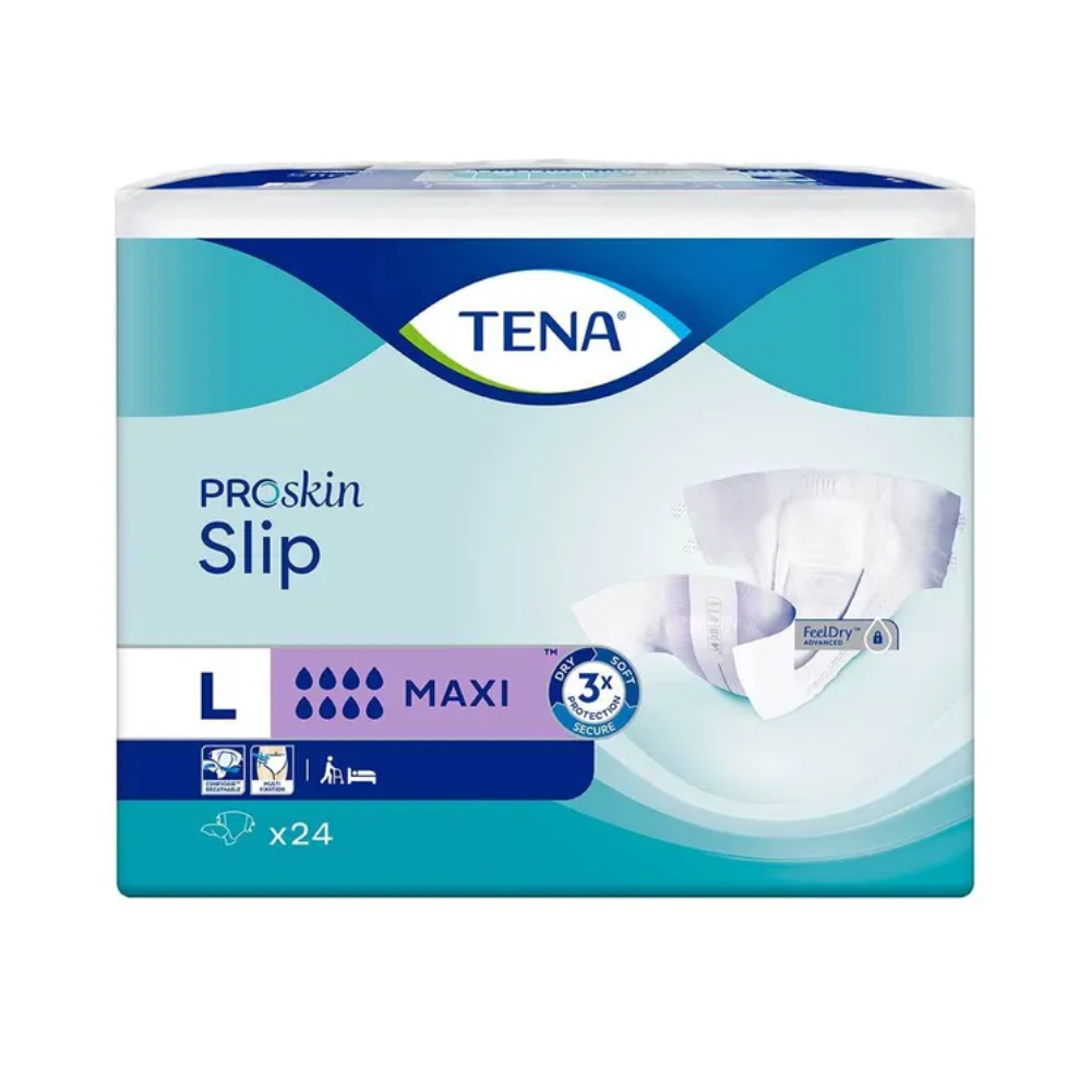 TENA Slip Maxi inkontinensindlæg med hoftebånd, fremstillet af TENA - Essity Germany GmbH, tilbyder med sin Maxi-sugeevne enestående lækagebeskyttelse. Emballagen indeholder produktbilleder, der fremhæver funktioner som fugtindikatorer, åndbart stof og lugtkontrol. Denne storformat emballage indeholder 24 enheder, der er tilpasset dine inkontinensbehov.