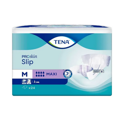 Emballagen til TENA Slip Maxi inkontinensindlæg med hoftebånd fra TENA - Essity Germany GmbH viser tydeligt et blåt design med hvide accenter og et billede af voksenbleen. Den mellemstore størrelse er markeret med et 'M' og indeholder en pakke med 24 bleer, der giver pålidelig lækagebeskyttelse for heldags tillid.