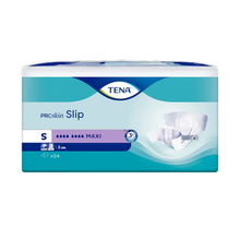 Abgebildet ist die Verpackung für TENA Slip Maxi Inkontinenzvorlage mit Hüftbund von TENA – Essity Germany GmbH. Das Etikett gibt die Größe Small (S) und maximale Saugkraft an und zeigt ein Bild des Produkts mit Auslaufschutz. Es enthält 24 Stück und ist überwiegend blau-weiß gestaltet.