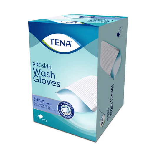 Eine Schachtel Waschhandschuhe von TENA Wash Gloves ist abgebildet. Die überwiegend blau-weiße Verpackung zeigt ein Bild des Waschhandschuhs und erwähnt das eingebaute Kunststofffutter. Mit der Aufschrift „XL 175“ auf der Unterseite für die persönliche Hygiene gekennzeichnet, ist er ideal für die tägliche Körperreinigung.