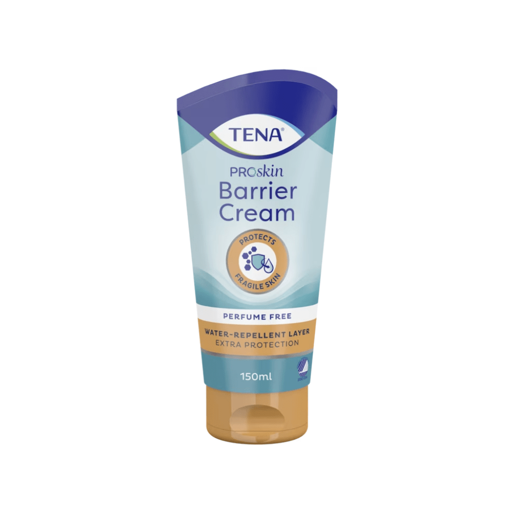 En 100 ml tube TENA Zink Cream med 10% zinkoxid fra TENA – Essity Germany GmbH i blåt-beige design. Etiketten fremhæver, at cremen er parfumefri, danner et vandafvisende lag og giver ekstra beskyttelse til følsom hud. Dette produkt sikrer en skånsom pleje af følsomme områder.