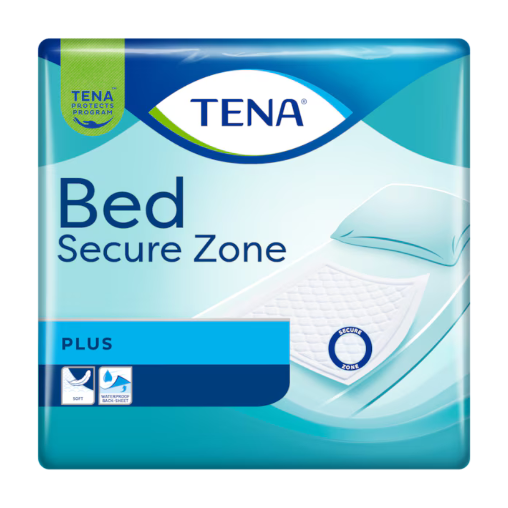 Die TENA Bed Plus Packung von TENA - Essity Germany GmbH zeigt eine Matratze mit einer Inkontinenzeinlage und ist mit dem blau-weißen TENA-Logo und der Produktbeschreibung versehen.