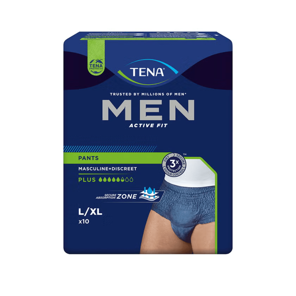 En pakke med prøve TENA Men Active Fit Pants Plus Blue fra TENA - Essity Germany GmbH, størrelse L/XL (10 engangsunderbukser til mænd), kommer i en mørkeblå emballage med et udskåret billede af en mand og fremhæver de vigtigste egenskaber ved blæresvaghed.