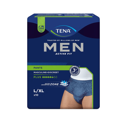 En pakke med prøve TENA Men Active Fit Pants Plus Blue fra TENA - Essity Germany GmbH, størrelse L/XL (10 engangsunderbukser til mænd), kommer i en mørkeblå emballage med et udskåret billede af en mand og fremhæver de vigtigste egenskaber ved blæresvaghed.