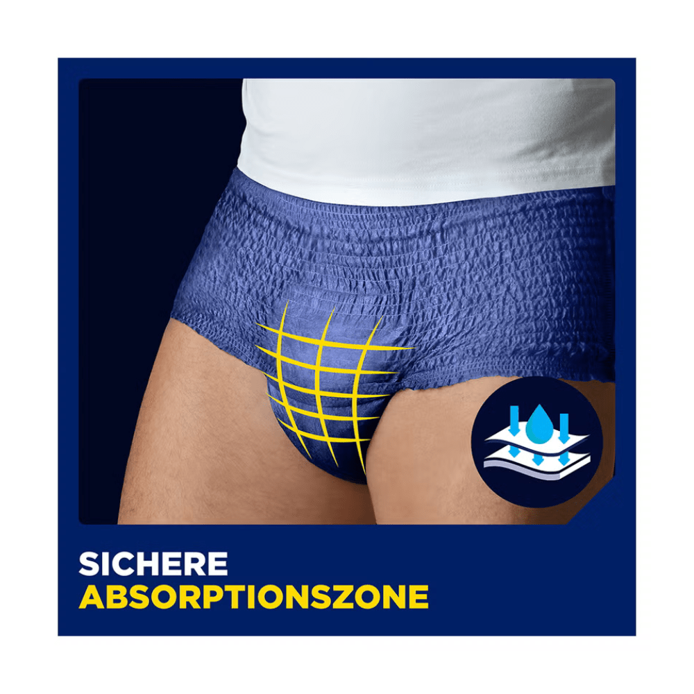 En mand bærer prøve TENA Men Active Fit Pants Plus Blue fra TENA - Essity Germany GmbH, afbildet med et gult gitter og symbolet "Sikker absorptionszone" for effektiv beskyttelse mod blæresvaghed hos mænd.