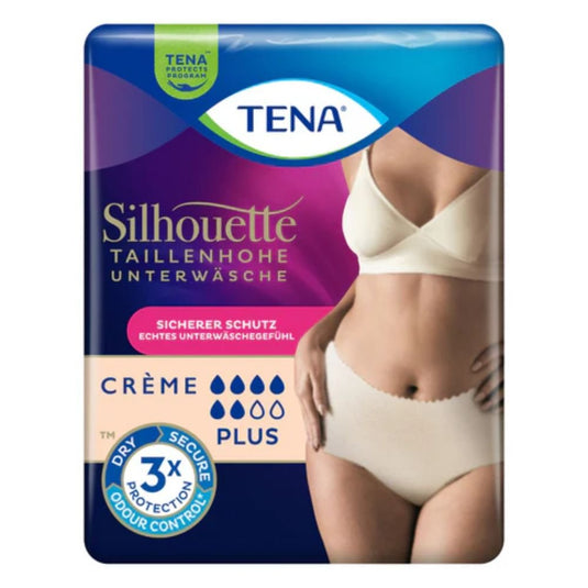 En pakke TENA Silhouette Plus Creme inkontinensunderbukser fra TENA – Essity Germany GmbH, afbildet med en kvinde, der demonstrerer produktet. Pakken tilbyder sikker beskyttelse, tredobbelt lugtkontrol og Plus-absorberingsevne ved blæreproblemer.