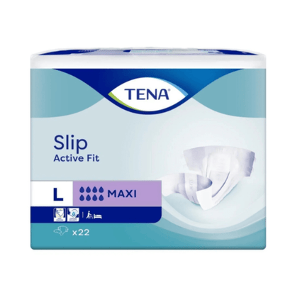 Afbildet er en pakke TENA Slip Active Fit Maxi fra TENA - Essity Germany GmbH i størrelse large (22 stykker) med et produktbillede og symboler for lækagebeskyttelse, sugeevne og anvendelse.