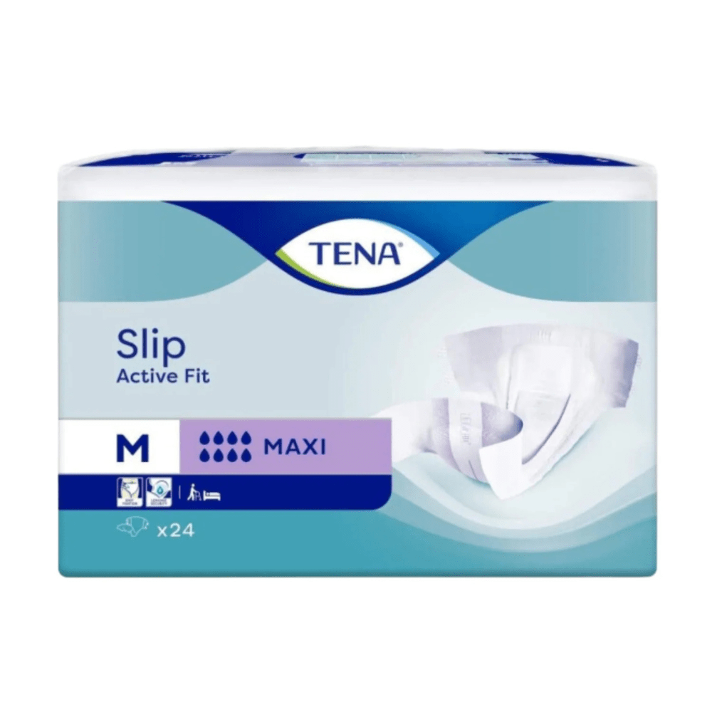 En rektangulær pakke TENA Slip Active Fit Maxi fra TENA - Essity Germany GmbH, størrelse M med maxi-sugeevne og lækagebeskyttelse. Indeholder 24 slips i blå og hvid emballage med produktbilleder og -symboler.