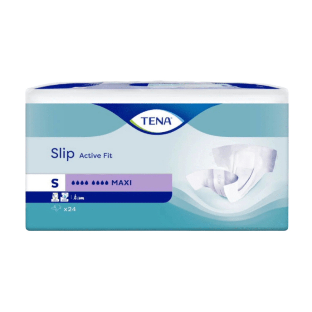 En pakke med 24 TENA Slip Active Fit Maxi bleer til voksne, størrelse lille, fra TENA - Essity Germany GmbH. Med inkontinensindsats og høj kvalitet lækagebeskyttelse i blå-hvid emballage med produktbilleder og detaljer på forsiden.