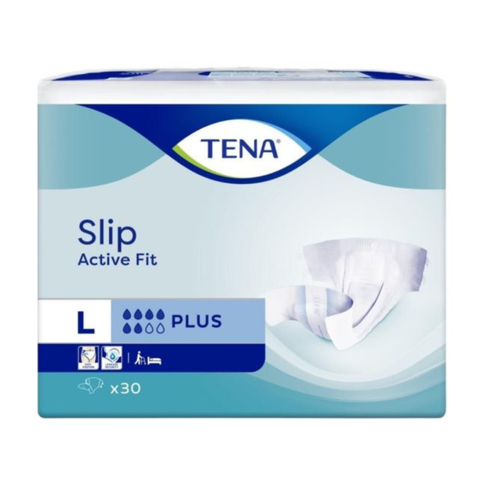 Eine blau-weiße rechteckige Packung TENA Slip Active Fit Plus Inkontinenzwindeln von TENA - Essity Germany GmbH, Größe L, Plus Saugstärke, mit 30 Stück. Die Packung enthält ein Produktbild und Symbole für zuverlässigen Inkontinenzschutz.