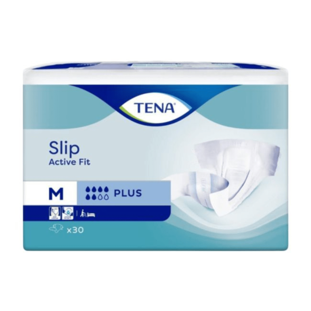 En pakke med 30 TENA Slip Active Fit Plus inkontinensbleer, størrelse M, fra TENA - Essity Germany GmbH. Den blå-hvide emballage viser produktnavnet og et billede af en ble.