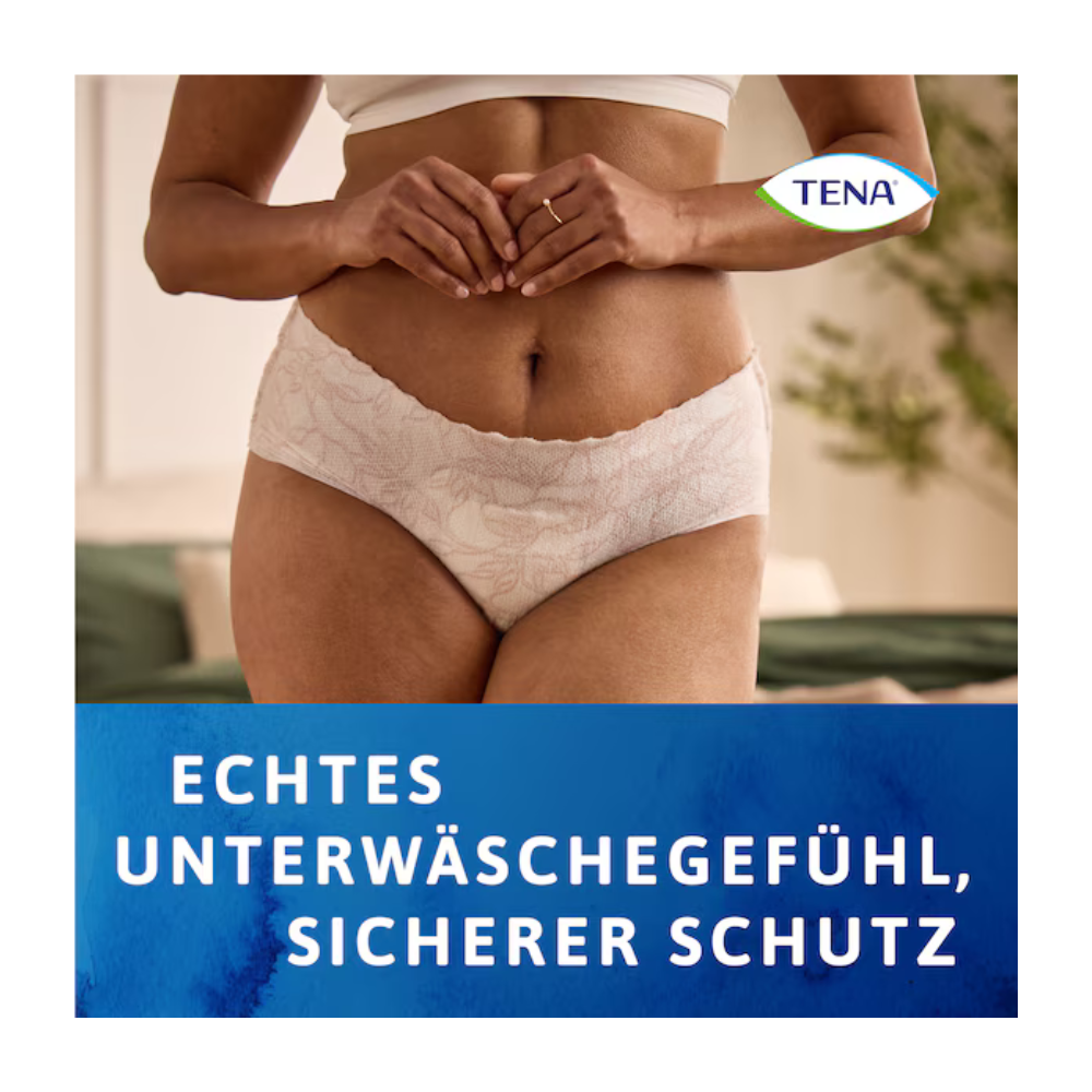 Eine Frau in hochtailliertem, gemustertem Muster TENA Silhouette Plus White von TENA - Essity Germany GmbH steht mit den Händen auf dem Unterleib. Das TENA-Logo befindet sich oben rechts; der deutsche Text darunter lautet: "ECHTES UNTERWÄSCHEGEFÜHL, SICHERER SCHUTZ.