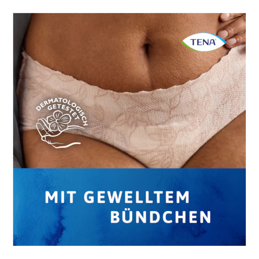 Eine Nahaufnahme zeigt jemanden, der das Muster TENA Silhouette Plus White von TENA - Essity Germany GmbH trägt. Der Text lautet: "Dermatologisch getestet" und "Mit gewelltem Bündchen - für diskreten Komfort.