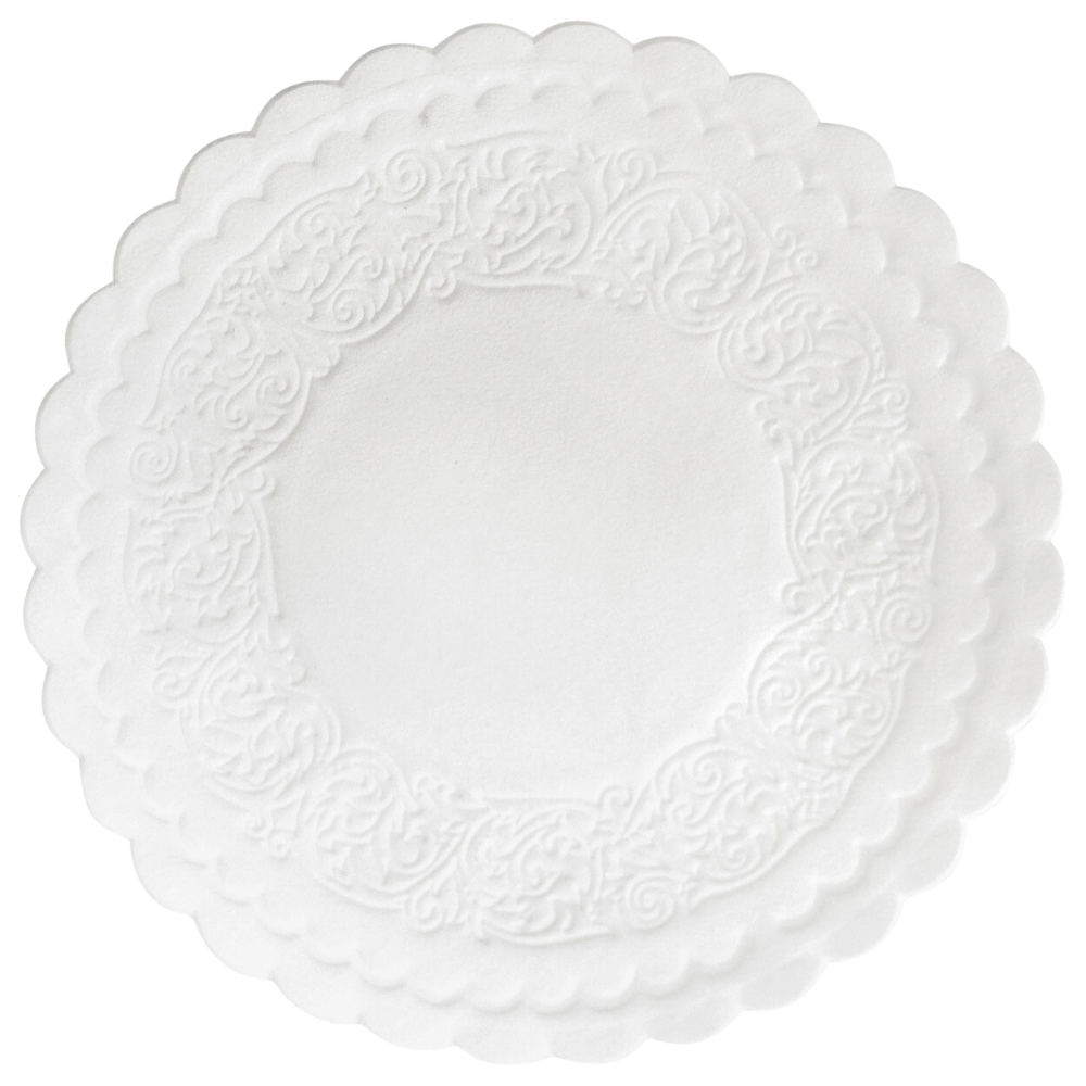 En rund, hvid serviet fra Duni GmbH med en diameter på 9 cm, flere lag og bølgede kanter samt indviklede prægemønstre langs kanten. Dette produkt leveres i en pakke med 500 stykker.