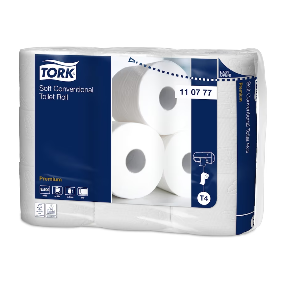 Emballagen til Tork 110777 blødt lille rulle toiletpapir Premium T4 2-lags, som indeholder 54 ruller, er elegant designet i blå og hvid. Den fremhæver mærket TORK fra Essity Professional Hygiene Germany GmbH og understreger funktioner som blødhed, "blødt papir" og størrelse. Perfekt til alle, der lægger vægt på kvalitet i deres lille rulle toiletpapir.