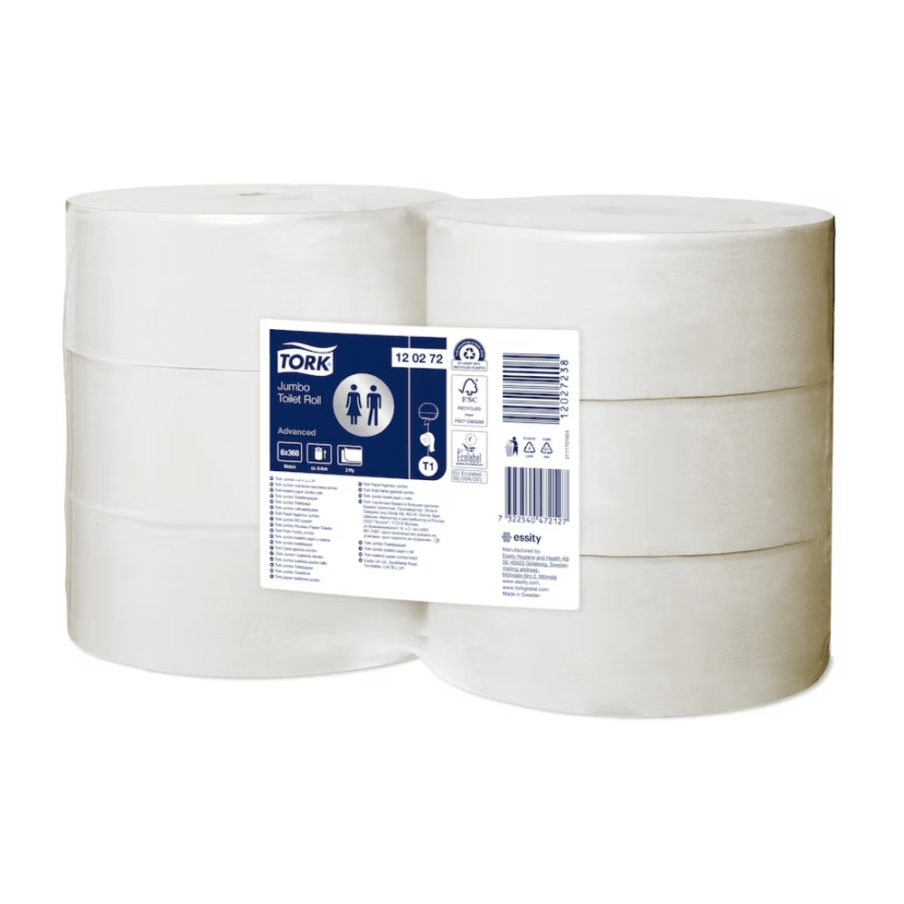 Seks ruller Tork 120272 Jumbo toiletpapir Advanced, egnet til høj kapacitet, er stablet og pakket i en gennemsigtig emballage. Etiketten på forsiden viser produktoplysninger som mærke, type og specifikationer. Ideel til brug i Tork dispensere.