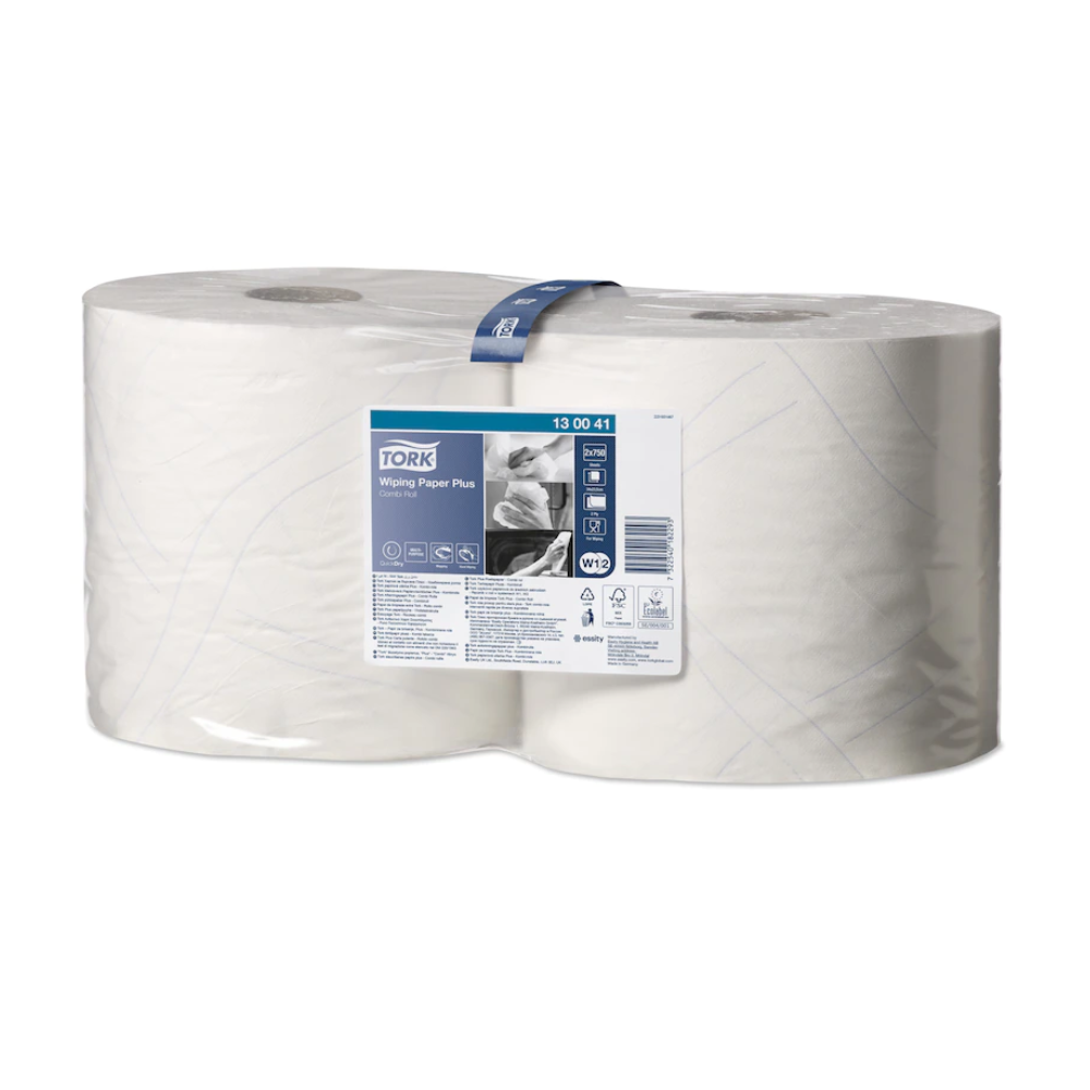 En pakke med to store ruller Tork 130041 Stærke Allround-papirservietter Premium, delvist pakket i gennemsigtig plast. Etiketten viser produktdetaljer og varemærker i et blå-hvidt farveskema. Disse QuickDry™-servietter er kompatible med Tork-dispensere og er nemme at bruge.