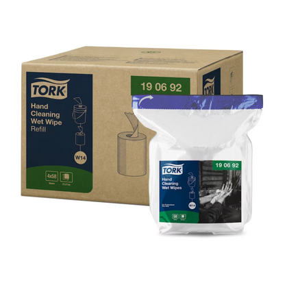 En kasse med fire pakker Tork 190692 Våde Håndrenseservietter Genopfyldning Premium W14 1-lags fra mærket TORK – Essity Professional Hygiene Germany GmbH viser et grøn-blåt design med produktdetaljer. Den plastikgenopfyldningspakke viser et sort-hvidt billede af rene hænder og er perfekt til effektiv fjernelse af olie og snavs.