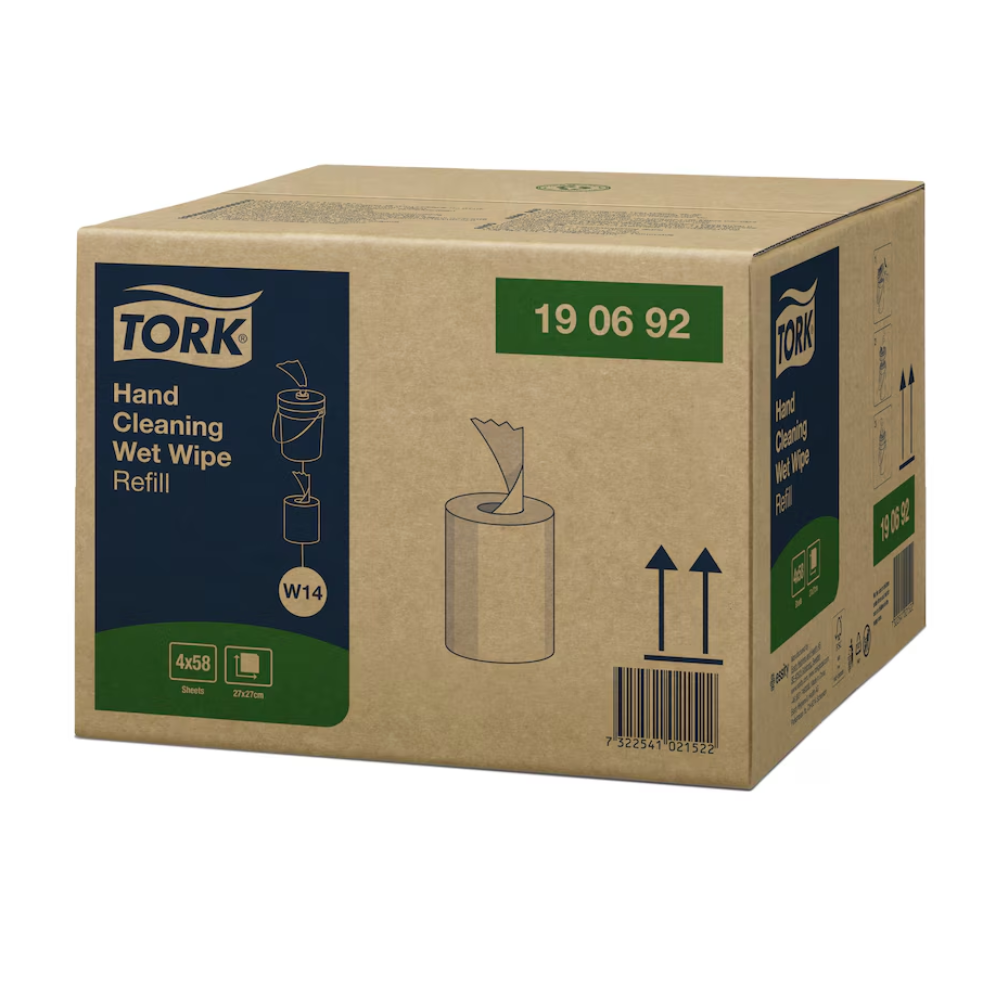 Kartonemballage Tork 190692 Våde Håndrenseservietter Genopfyldning Premium W14 1-lags fra TORK - Essity Professional Hygiene Germany GmbH | Karton (4 pakker). Boksen viser en enkel stregtegning af en vådservietdispenser og indeholder produktdetaljer som størrelse og mængde. Ideel til fjernelse af olie og snavs, stregkoden og retningspile er tydeligt synlige.