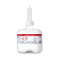 En hvid flaske Tork 420102 Mini Hånddesinfektionsgel fra TORK – Essity Professional Hygiene Germany GmbH, med en rød etiket med sikkerhedssymboler og en lang dyse øverst. Etiketten indeholder instruktioner til kirurgisk hånddesinfektion med 80 % sprit.