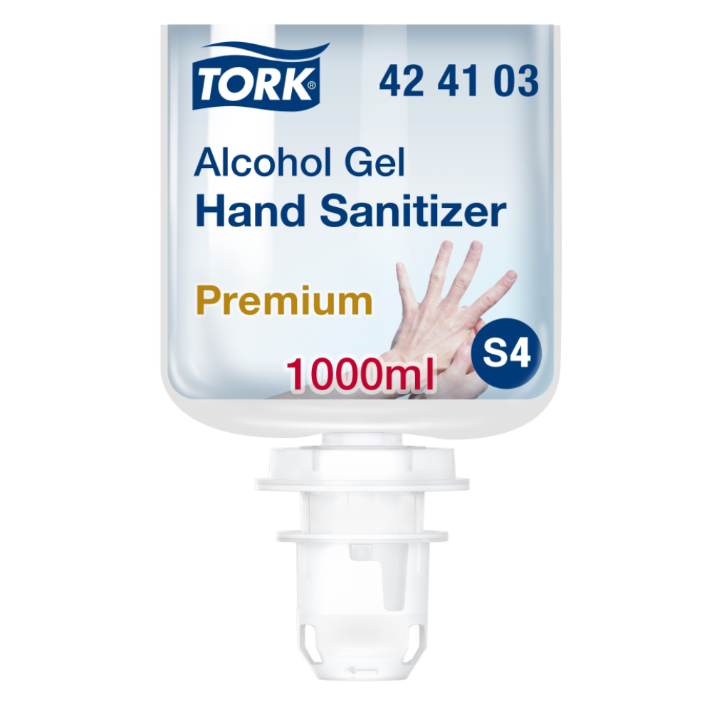 Et billede af en Tork 424103 hånddesinfektionsgel-dispenserpåfyldning viser etiketten med 'Premium' og '1000 ml' samt produktkoden '42 41 03' for dispensortype 'S4'. Etiketten er dekoreret med en illustration af hånddesinfektion, der fremhæver beskyttelse mod sygdomsfremkaldende stoffer. Produktet er fra mærket TORK – Essity Professional Hygiene Germany GmbH.