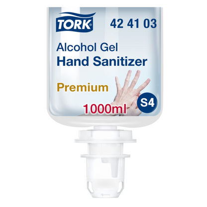 Et billede af en Tork 424103 hånddesinfektionsgel-dispenserpåfyldning viser etiketten med 'Premium' og '1000 ml' samt produktkoden '42 41 03' for dispensortype 'S4'. Etiketten er dekoreret med en illustration af hånddesinfektion, der fremhæver beskyttelse mod sygdomsfremkaldende stoffer. Produktet er fra mærket TORK – Essity Professional Hygiene Germany GmbH.
