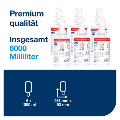 Billedet viser et sæt af seks flasker med påskriften 'Tork 424103 hånddesinfektionsgel S4', hvor hver flaske i alt indeholder 6000 milliliter. Den tyske tekst understreger 'Premium kvalitet' og 'I alt 6000 milliliter'. Et diagram nedenunder angiver dimensionerne med 251 mm x 93 mm og fremhæver effektiviteten mod sygdomsfremkaldende stoffer. Produktet er fra mærket TORK – Essity Professional Hygiene Germany GmbH.