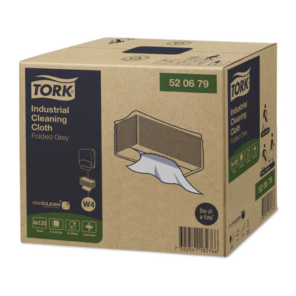 Schachtel mit Tork 520679 Industrie Reinigungstüchern Premium W4 in gefaltetem Grau. Die Schachtel zeigt deutlich die Marke TORK von Essity Professional Hygiene Germany GmbH sowie Abbildungen der ausgegebenen Tücher. Der Produktcode 520679 ist hervorgehoben und unterstreicht die Industriequalität für effiziente Reinigungsaufgaben.