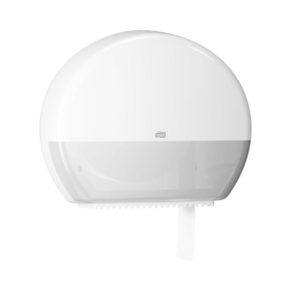 Der Tork 554000 Spender für Jumbo-Toilettenpapier Elevation T1 von TORK, bereitgestellt durch Essity Professional Hygiene Germany GmbH, ist ein weißer, wandmontierter Toilettenpapierspender mit einem durchscheinenden unteren Teil. Er ist für stark frequentierte Waschräume (Waschräume mit hoher Besucherfrequenz) konzipiert, um die Jumbo-Toilettenpapierrolle im Inneren effizient zu überwachen.