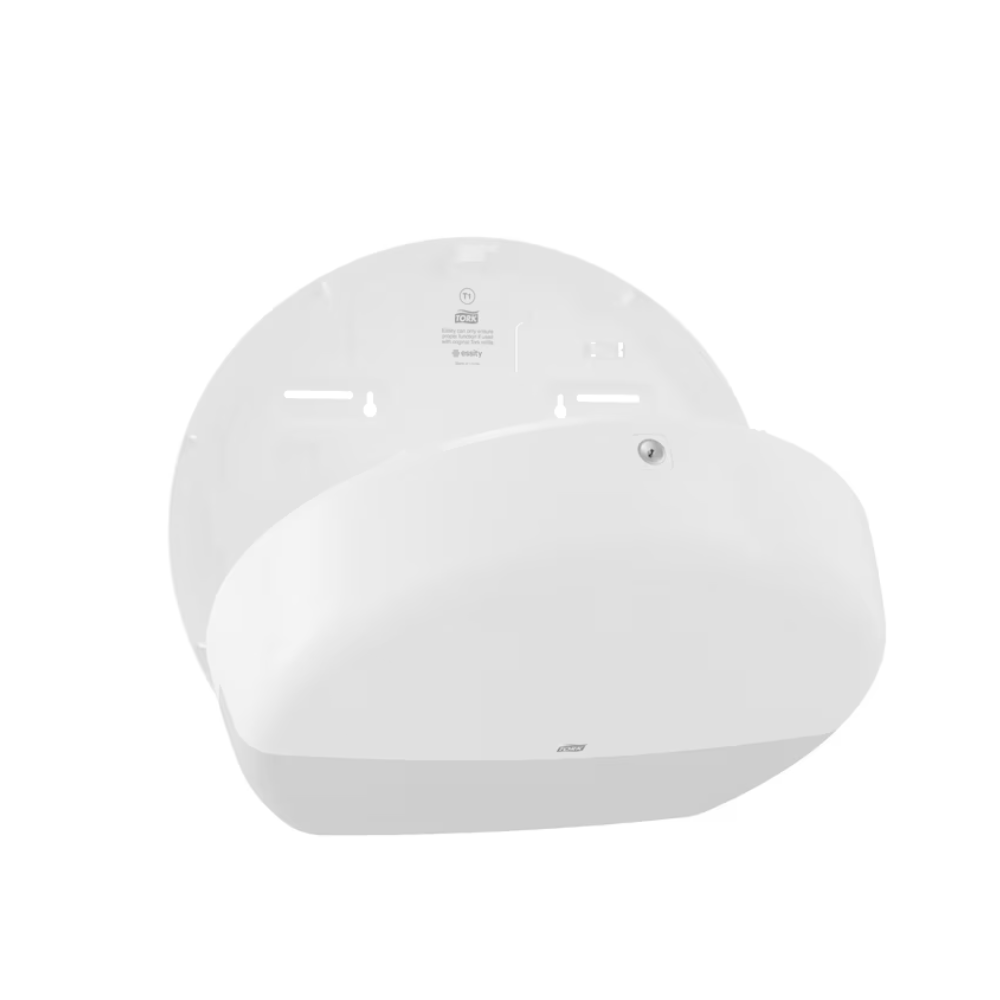Der Tork 554000 Spender für Jumbo-Toilettenpapier Elevation T1, der für Waschräume mit hoher Besucherfrequenz konzipiert wurde, ist ein weißer, wandmontierter Spender mit abgerundeter Abdeckung. Der Spender ist offen dargestellt, um sein Innenfach zu zeigen, das Kerben und Löcher für eine einfache Installation aufweist. Er ist eine ausgezeichnete Wahl für die effiziente Handhabung von Jumbo-Toilettenpapier.
