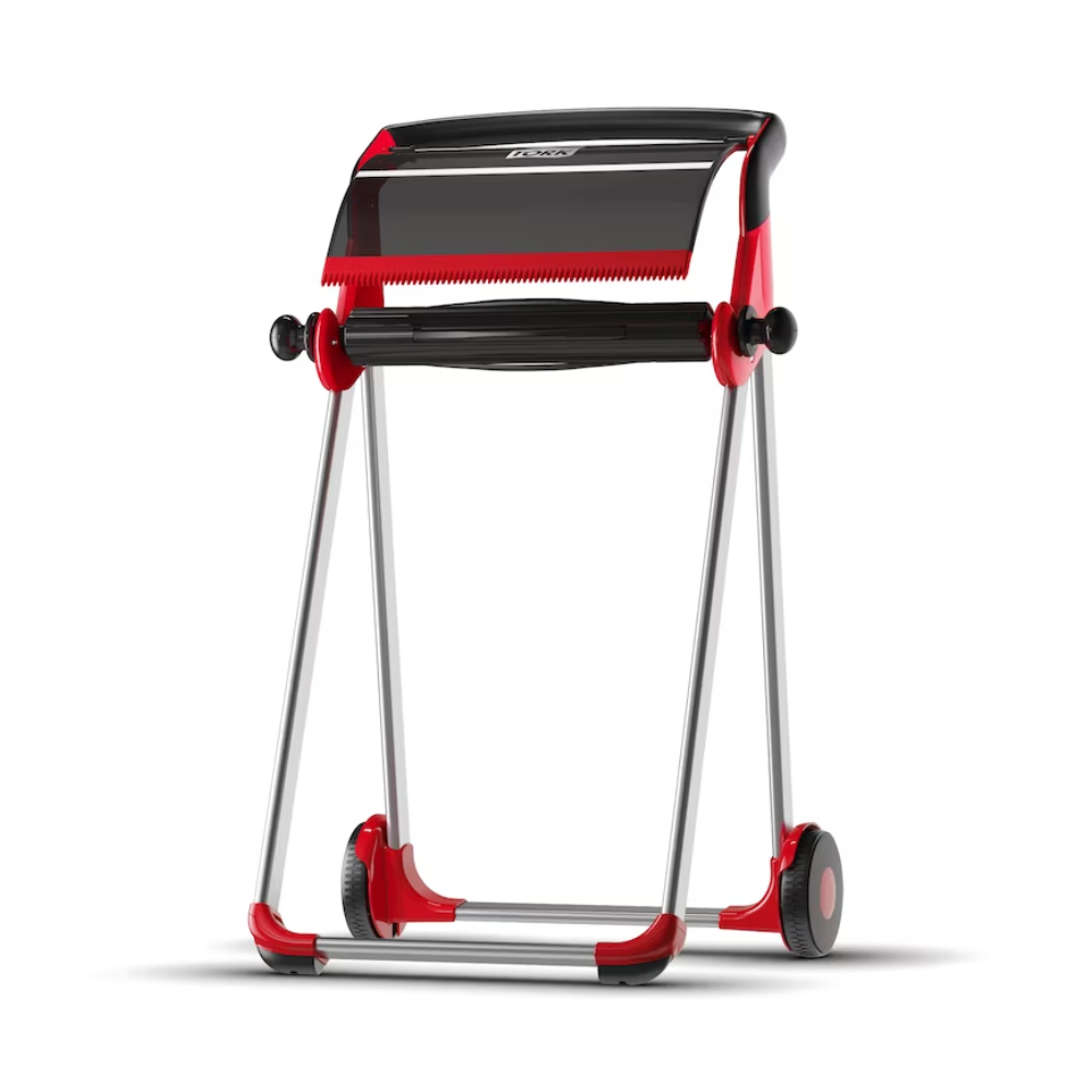 Tork 652008 rullestativ gulvstander Performance W1 fra TORK - Essity Professional Hygiene Germany GmbH er en foldbar, rød-sort rullestativ med hjul, der er perfekt til at holde og rulle gavepapir. Denne mobile dispenser har et kompakt design med en takket kant for bekvem skæring og tilbyder en elegant ydelse.