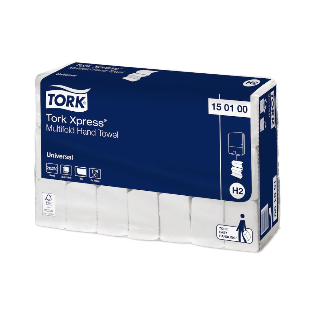 Billedet viser en æske Tork Xpress® 150100 Multifold-håndklæder Universal H2 1-lags 25,5cm fra TORK – Essity Professional Hygiene Germany GmbH, kendt for sit fremragende pris-ydelsesforhold. Den mørkeblå emballage med hvid tekst viser tydeligt produktdetaljerne og indeholder flere individuelle håndklædepakker.