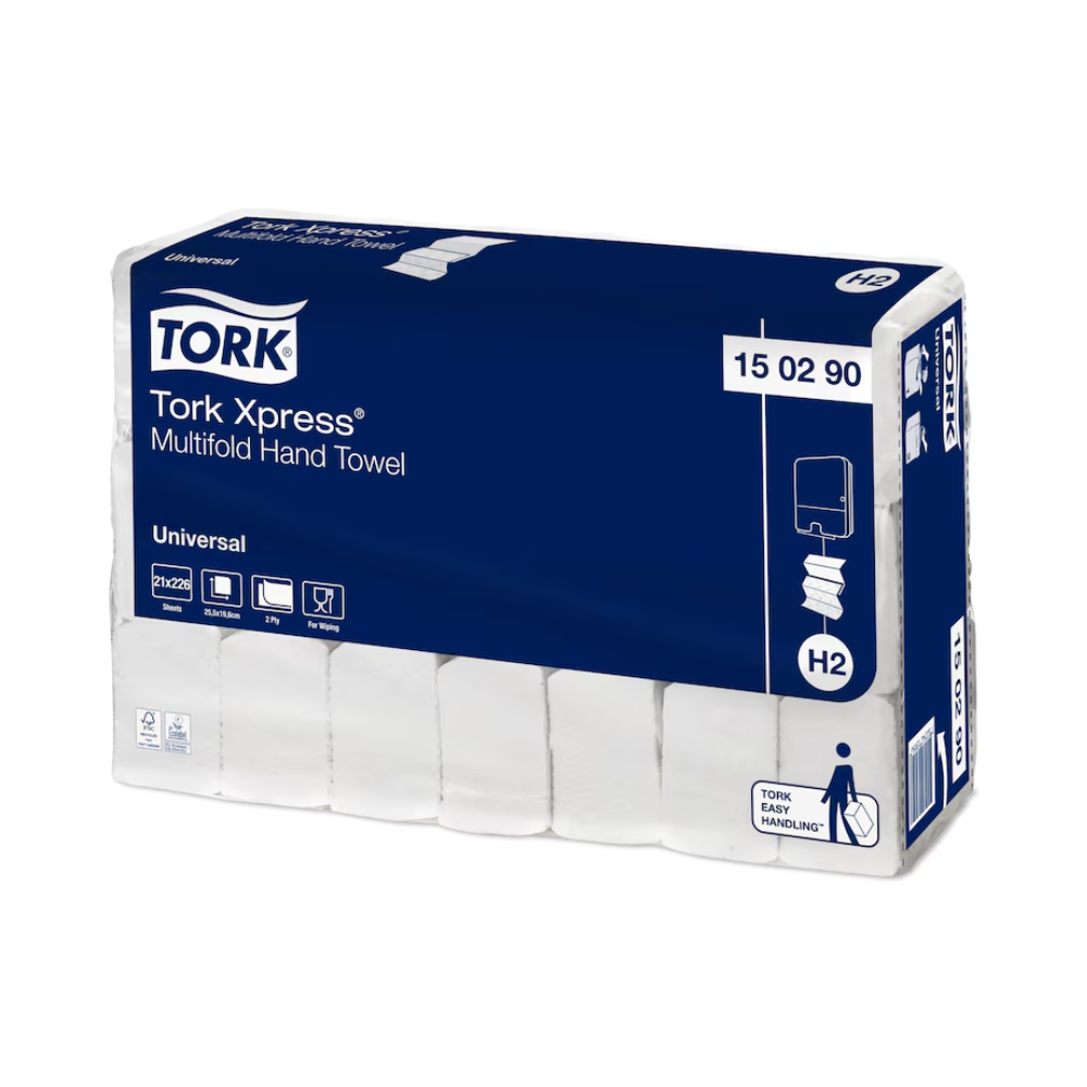 En pakke Tork Xpress® 150290 Multifold-håndklæder med påskriften 'Universal H2' indeholder produktdetaljer og specifikationer på den blå-hvide yderside. Symboler på forsiden fremhæver brugen og kompatibiliteten og fremhæver mærket TORK – Essity Professional Hygiene Germany GmbH.