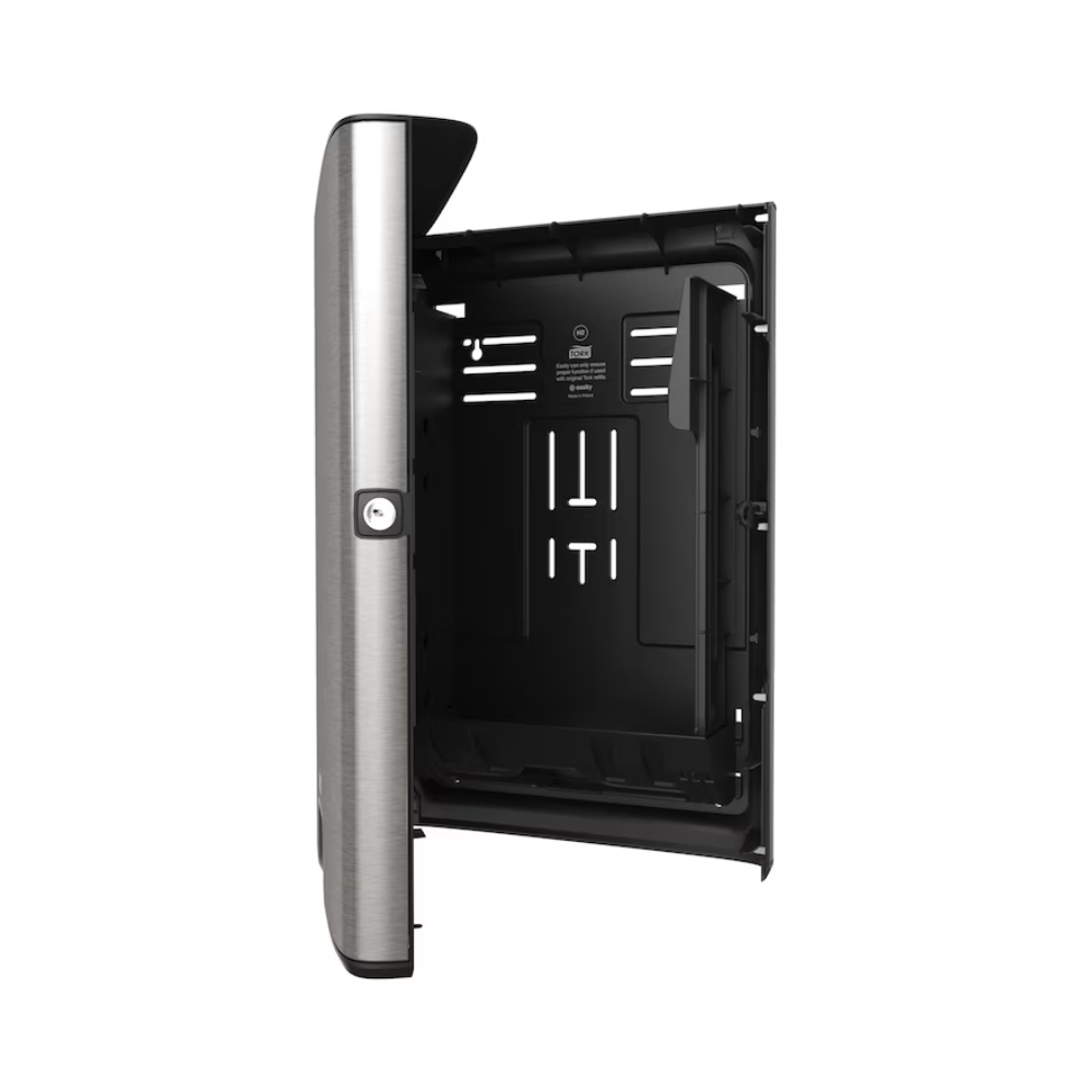 Den af Essity Professional Hygiene Germany GmbH tilbudte Tork Xpress® 460004 dispenser til foldede håndklæder fra Image Line H2-kollektionen har et åbent og tomt kabinet med moderne vertikalt design og en CO2-neutral metallisk overflade på venstre side. Dens sorte indre er udstyret med rum og ventilationsåbninger og suppleres af en klapdør, der øger dens funktionalitet.
