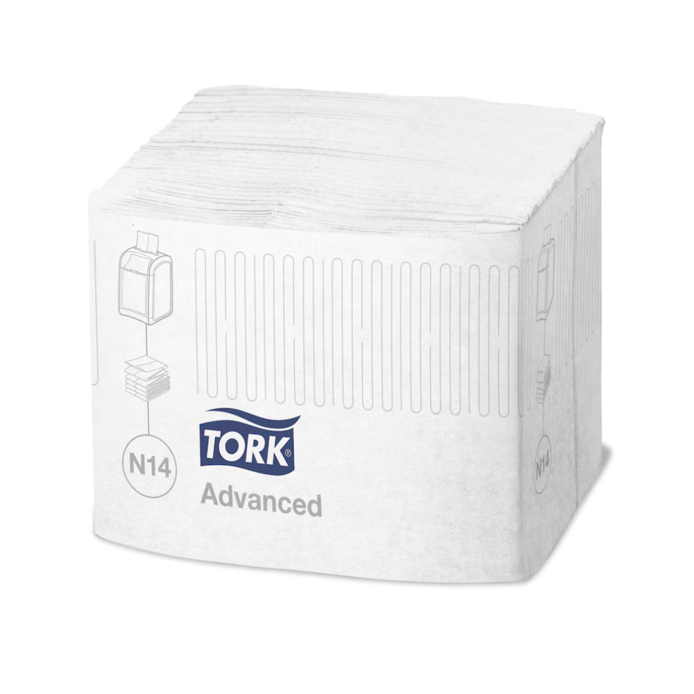 Den Tork Xpressnap Fit® dispenser serviet N14 1-lags, fremstillet af TORK – Essity Professional Hygiene Germany GmbH, er elegant pakket og har et enkelt grafisk design. Disse hvide servietter er lavet af 100 % genbrugte fibre og udgør derfor et bæredygtigt valg til dine behov.
