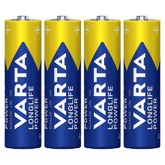Fire Varta AG Industrial Pro Mignon AA-batterier, der er placeret lodret i en række, med blå og gule mærkatetiketter.