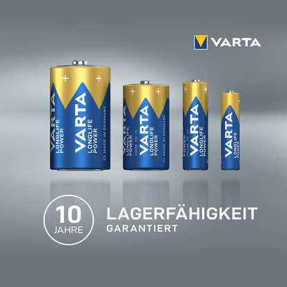 Fire Varta Longlife Power Micro AAA batterier 4903 LR03, sorteret fra den største til den mindste, med teksten "10 års holdbarhed garanteret".