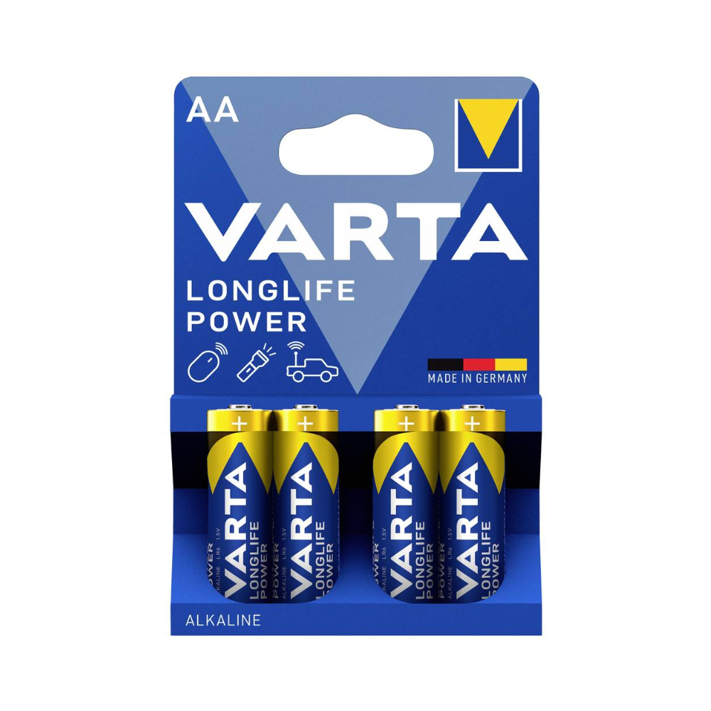 Ein 4er-Pack Varta Longlife Power 4906 AA LR6-Batterien der Varta AG in blauer und gelber Folienverpackung - "Made in Germany" - mit Symbolen für Fernbedienungen, Autos und Spielzeug; perfekt für Geräte mit hohem Stromverbrauch.