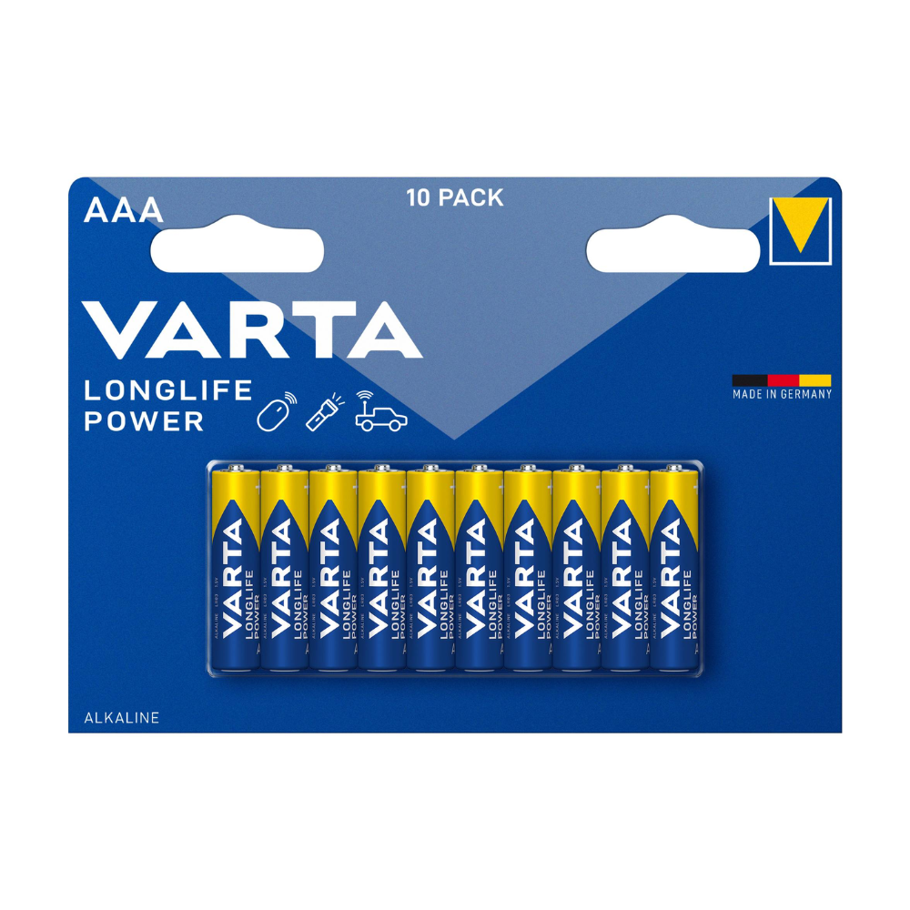 En 10-pak Varta AG Longlife Power Micro AAA-batterier, præsenteret i en blå-gul papemballage, mærket med mærke og batteristørrelse, designet til højt energibehov.