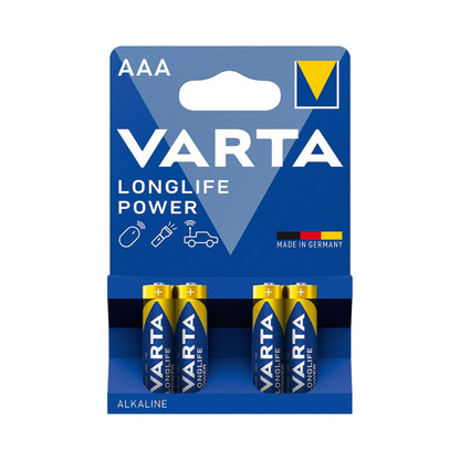 Emballage af Varta Longlife Power Micro AAA Batteri 4903 LR03 Alkalibatterier fra Varta AG med fire horisontalt stablede batterier, mærket som Made in Germany. Emballagen er blå-hvid med fed skrift.