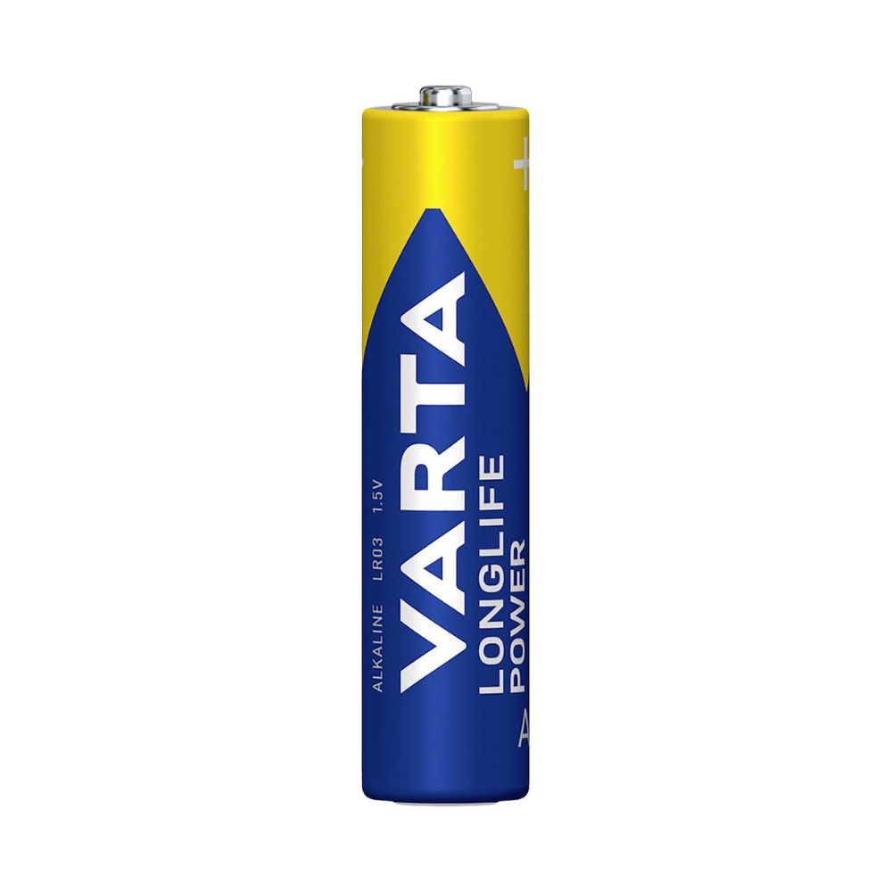 En enkelt Varta Longlife Power Micro AAA-batteri. Batteriet er overvejende blåt med en stor blå trekant og gule accenter samt Varta AG's logo og typedetaljer.