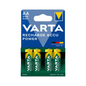 Pakke med fire grøn-gyldne Varta Recharge Accu Power AA 2100 mAh-batterier med en kapacitet på 2100 mAh, mærket som NiMH og »genopladelige«.