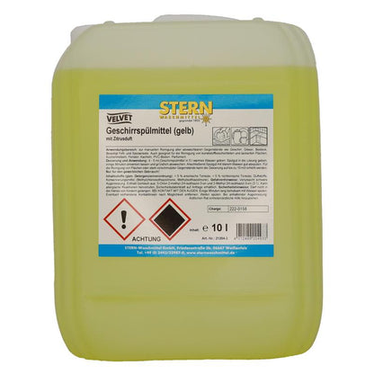 En gul 10-liters plastikbeholder fra Stern Waschmittel GmbH Velvet opvaskemiddel gul, biologisk nedbrydeligt, med en etiket, der angiver produktinformationer, brugsanvisninger, sikkerhedsadvarsler og et faresymbol.