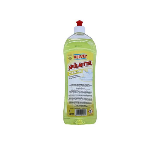 En 1-liters plastflaske med Velvet opvaskemiddel, gul, fra Stern Waschmittel GmbH med rød flip-top-lukning og gul etiket med produktoplysninger på tysk.