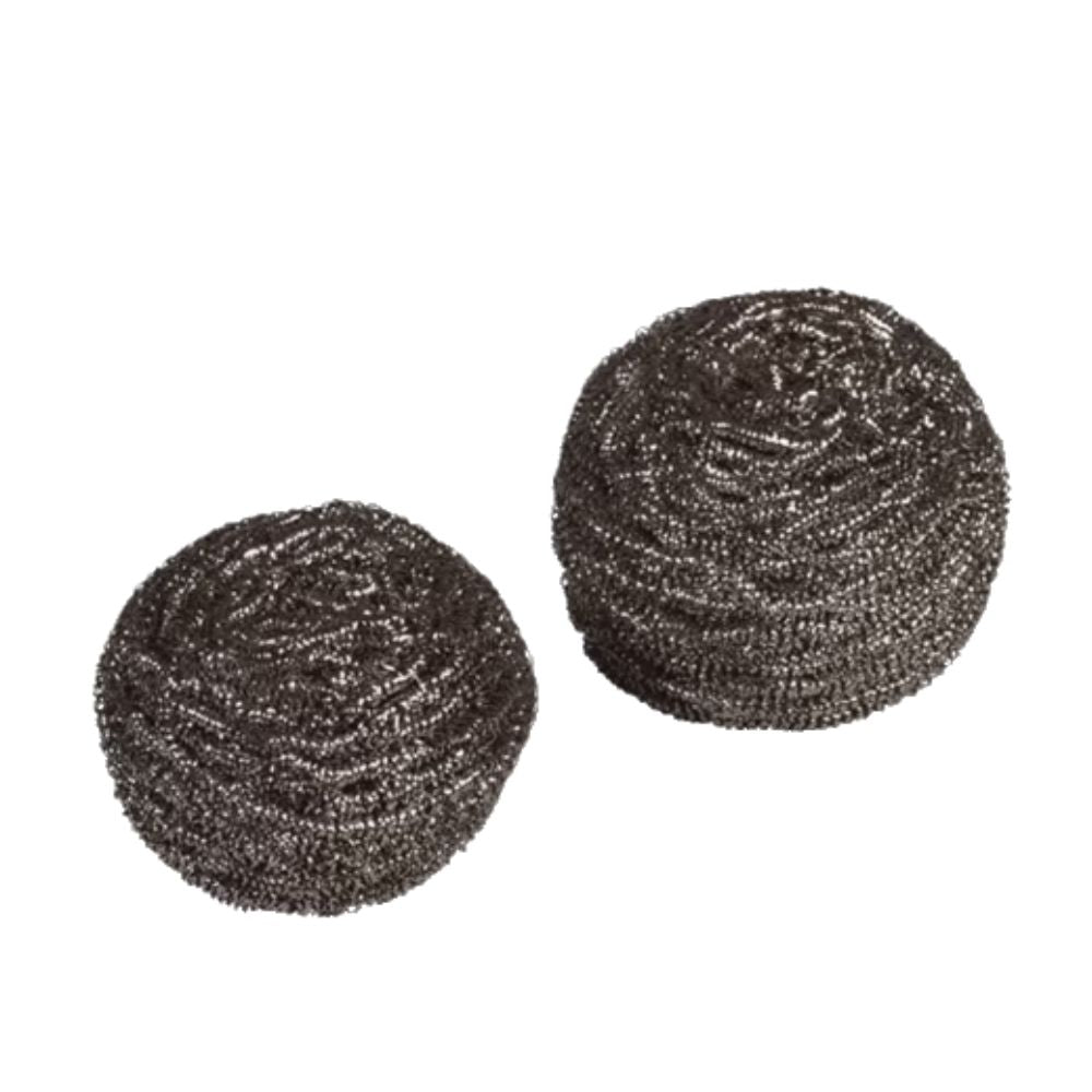 Et par runde skurespiraler af rustfrit stål med snoet trådstruktur, arrangeret side om side på hvid baggrund. Denne Vileda Professional Inox skurespiral fra Vileda GmbH er designet til hårde rengøringsopgaver og tilbyder holdbarhed og effektivitet.