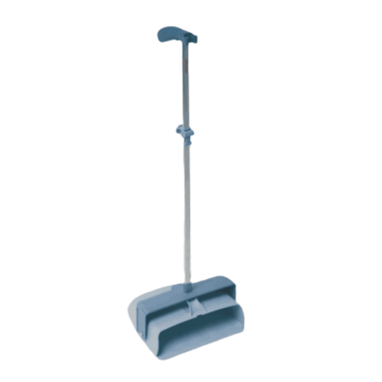 En lukket Vileda Professional-fejeskovl fra Vileda GmbH med en diameter på 29 cm og et langt skaft ses foran en enkel hvid baggrund. Den har et ergonomisk design med en rummelig og dyb skovl, der sikrer effektiv rengøring og opsamling af støv og snavs.