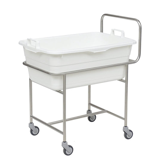 Das Novocal Edelstahl-Fahrgestell mit Schiebebügel verfügt über vier Ø 75 mm Leichtlauflenkrollen und hält eine weiße Kunststoffwanne mit Griffen.