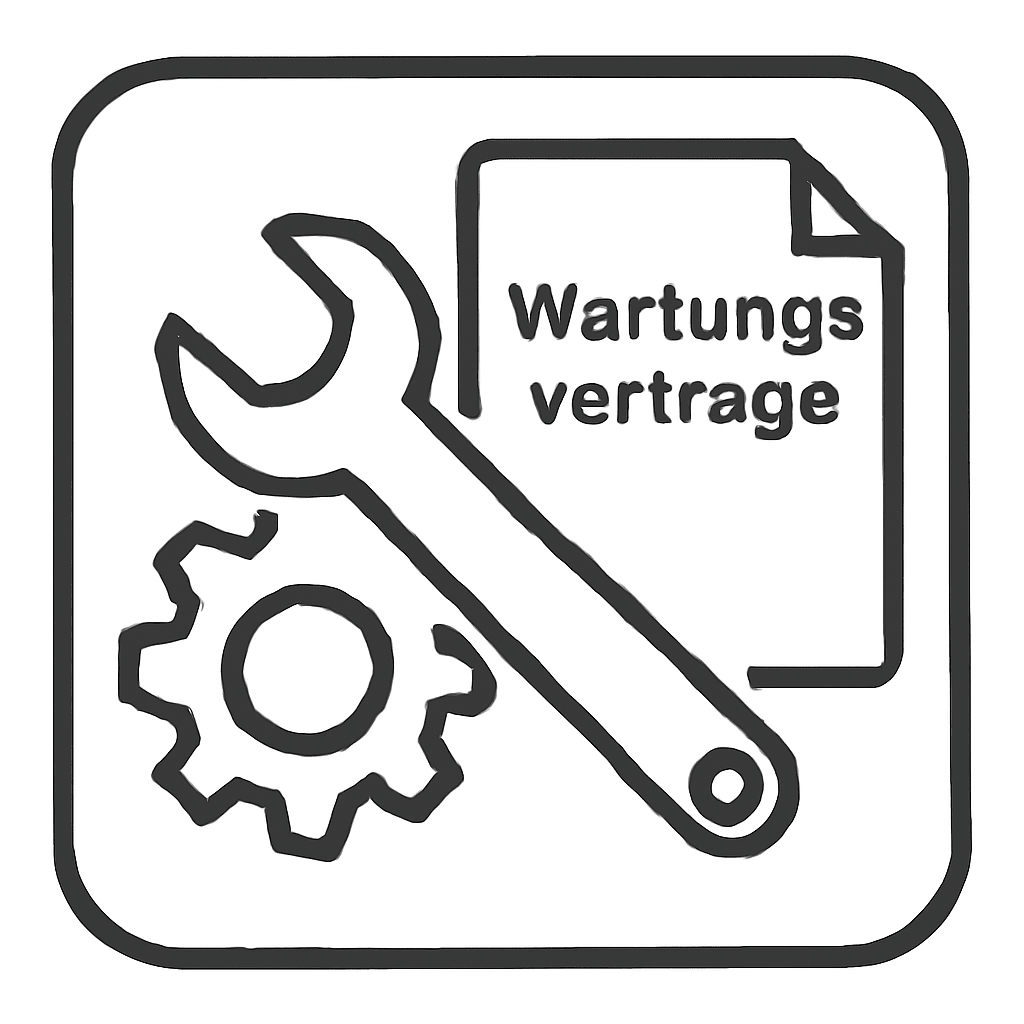 Sort-hvidt symbol med en skruenøgle og et tandhjul over et dokument med teksten "Vedligeholdelseskontrakter" fremhæver funktionerne i Diversey TASKI Ultimaxx 900 IntelliCheck, basisvedligeholdelseskontrakt for Ultimaxx 900 | Pakke (1 stk).